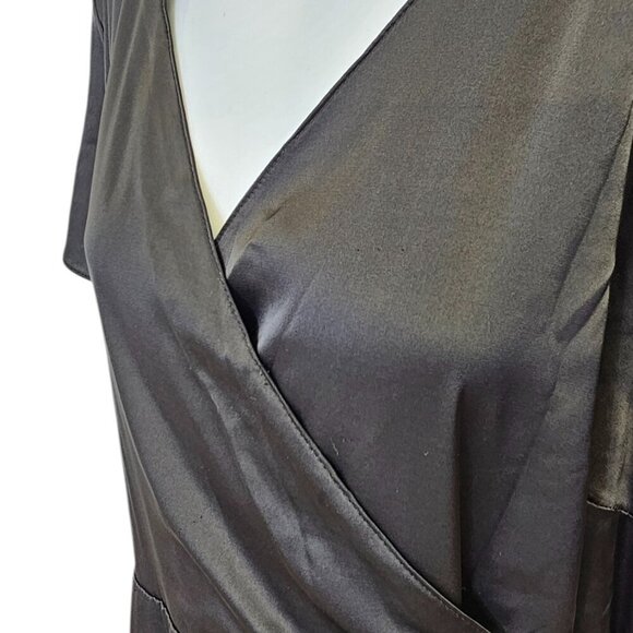 Baltic Born Silky V-Neck High Low Wrap Dress Size XXL Black Satin Short Sleeve - Picture 6 of 10